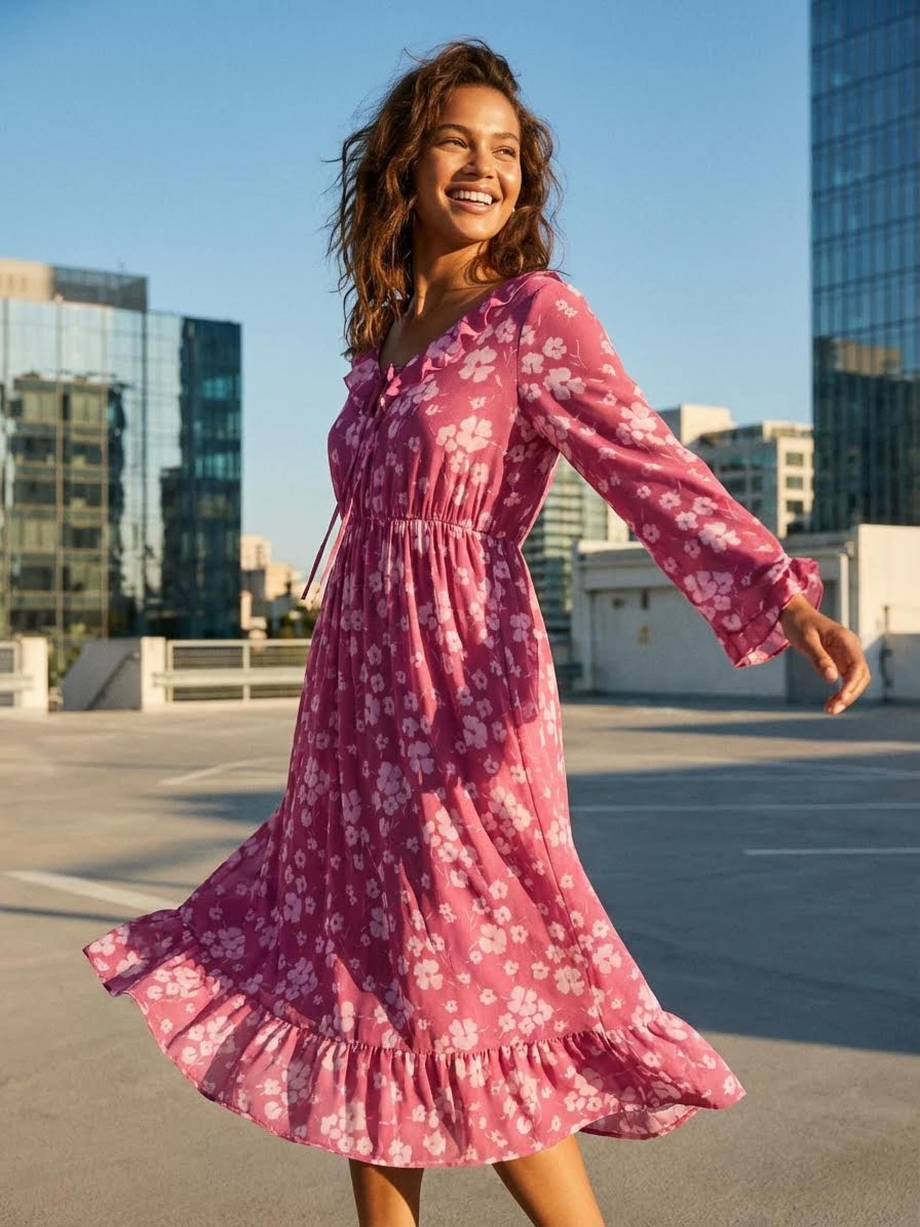 Sinsay - Rochie midi cu volane și funda la decolteu - multicolor