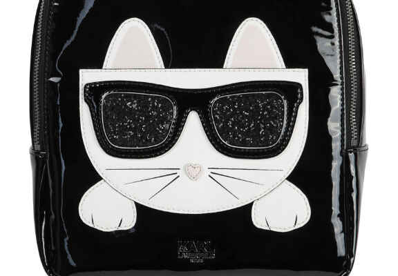 geanta neagra lacuita cu imprimeu pisica alba cu ochelari de soare negrii