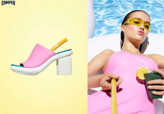 colaj sandale multicolore si femei in tinuta de plaja roz