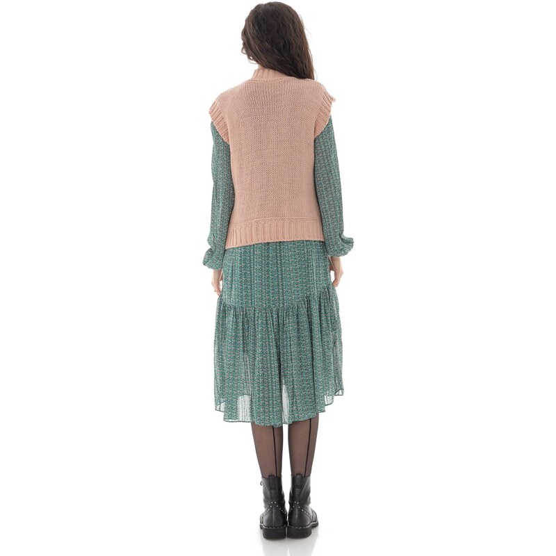 Vesta de dama, tricotata, Roh, roz, cu guler inalt - BR2388