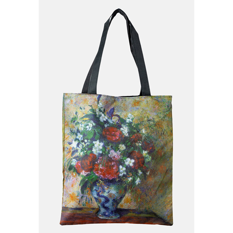 Shopika Geanta shopper din material textil, cu imprimeu inspirat dintr-o pictura cu flori albe si rosii