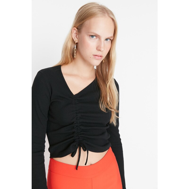 Trendyol Black Shirred Detail Fitted/Sleeping Crop Asymmetrical Collar Ribbed Stretch Knit Blouse