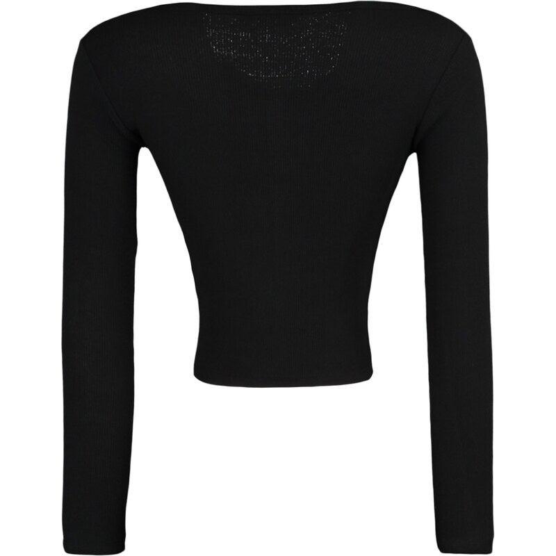 Trendyol Black Fitted/Simple V-Neck Crop Corduroy Knitted Stretch Blouse