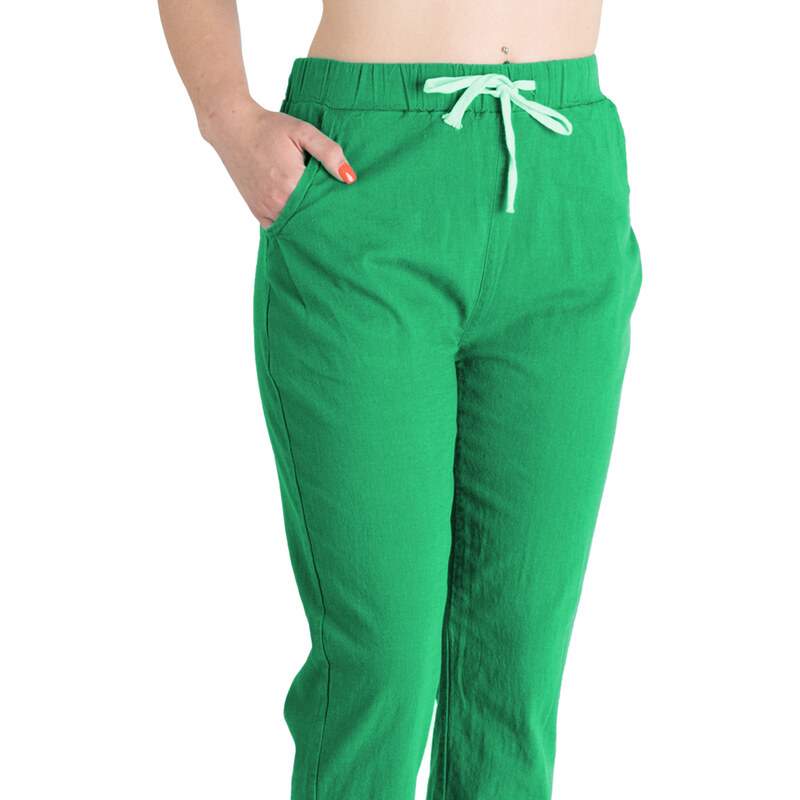 Pantaloni Chic Pantaloni Dama Antonia Din Bumbac Racoros De Vara Cu Siret In Talie,Verde Crud