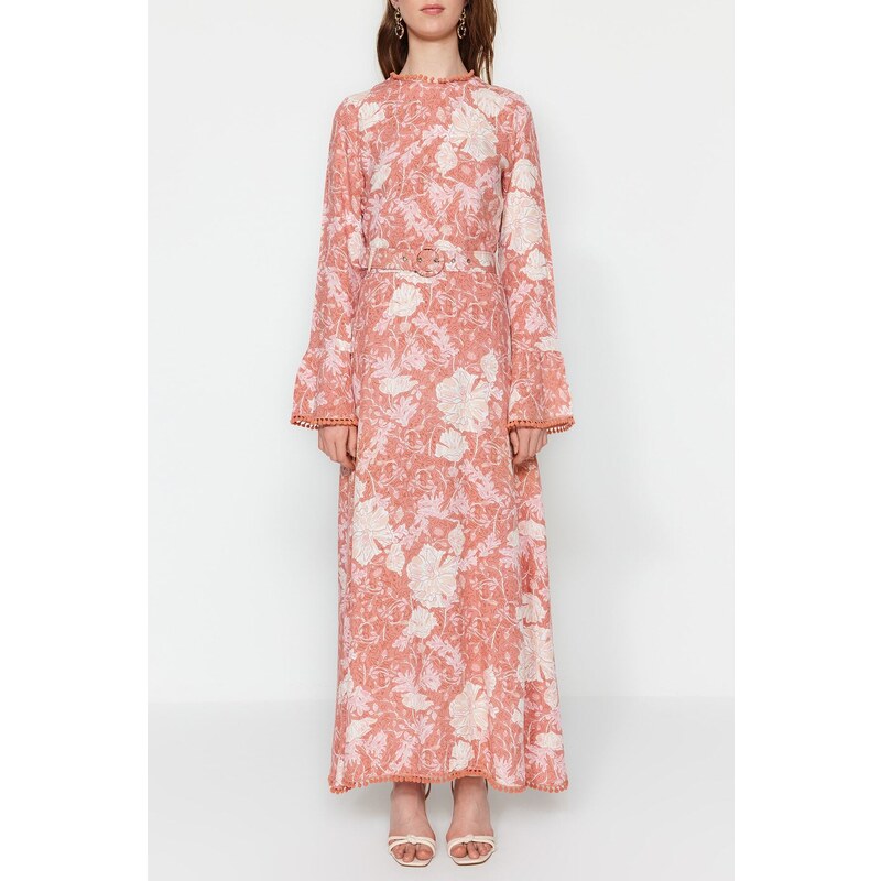 Trendyol Pale Pink Flower Patterned Woven Belt Dress