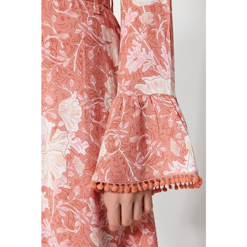 Trendyol Pale Pink Flower Patterned Woven Belt Dress
