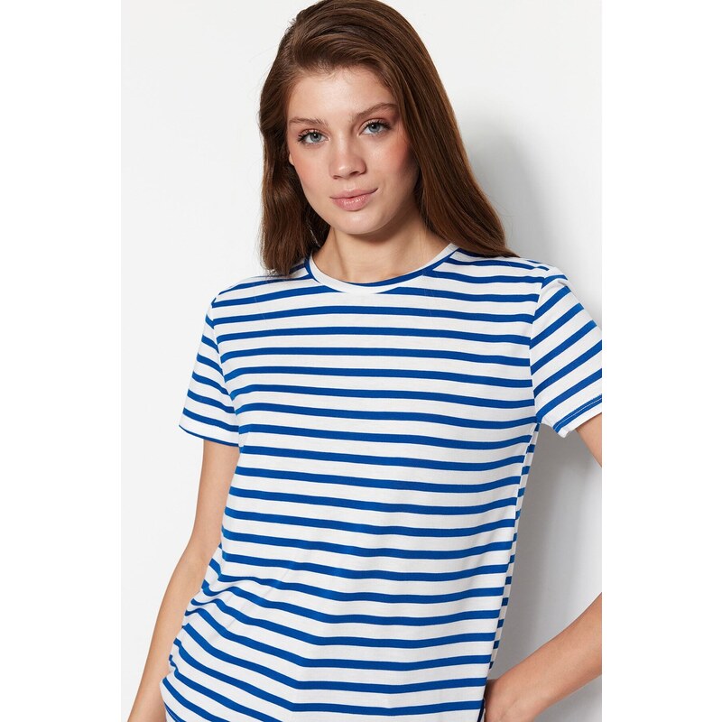 Trendyol Navy Blue Striped Basic Crew Neck Knitted T-Shirt