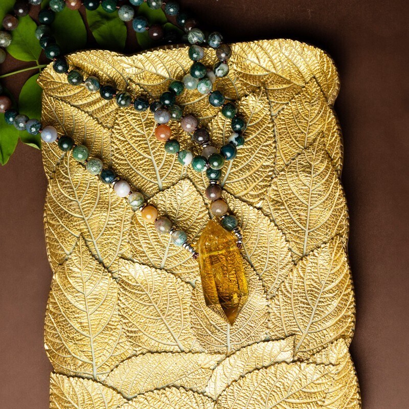 Colier Mantra Mala 108 pietre semipretioase Agat Indian, cu cristal de Citrin