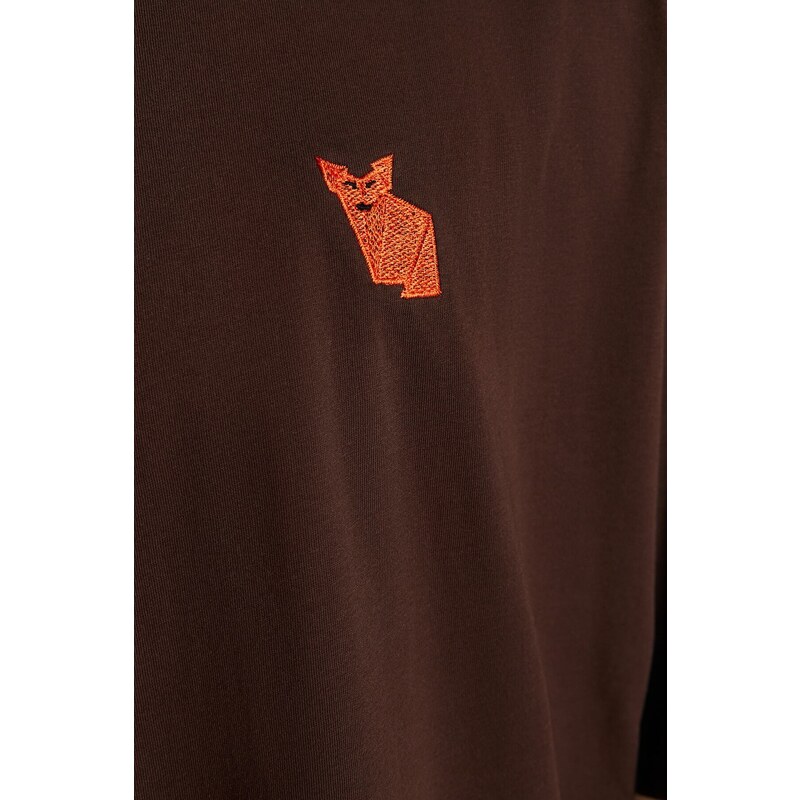 Trendyol Brown Oversize/Wide Cut Animal Embroidery Short Sleeve 100% Cotton T-Shirt