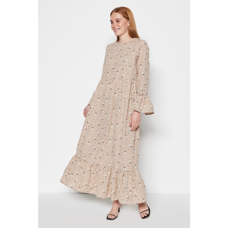 Trendyol Dark Beige Floral Patterned Woven Cotton Dress with Flounce Detail on the Sleeves