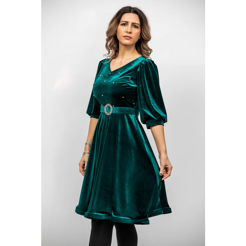 Amura Rochie verde Margo din catifea cu maneci bufante - GLAMI.ro