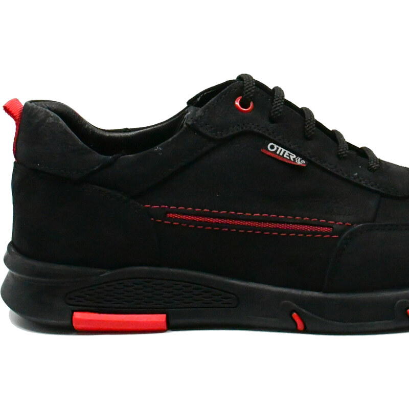 Pantofi sport Otter din piele naturala nabuc, negri cu detalii rosii OTR15999