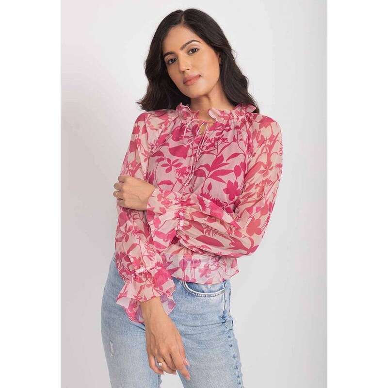 Aroop Floral Chiffon Ruffle Blouse - Pink Red
