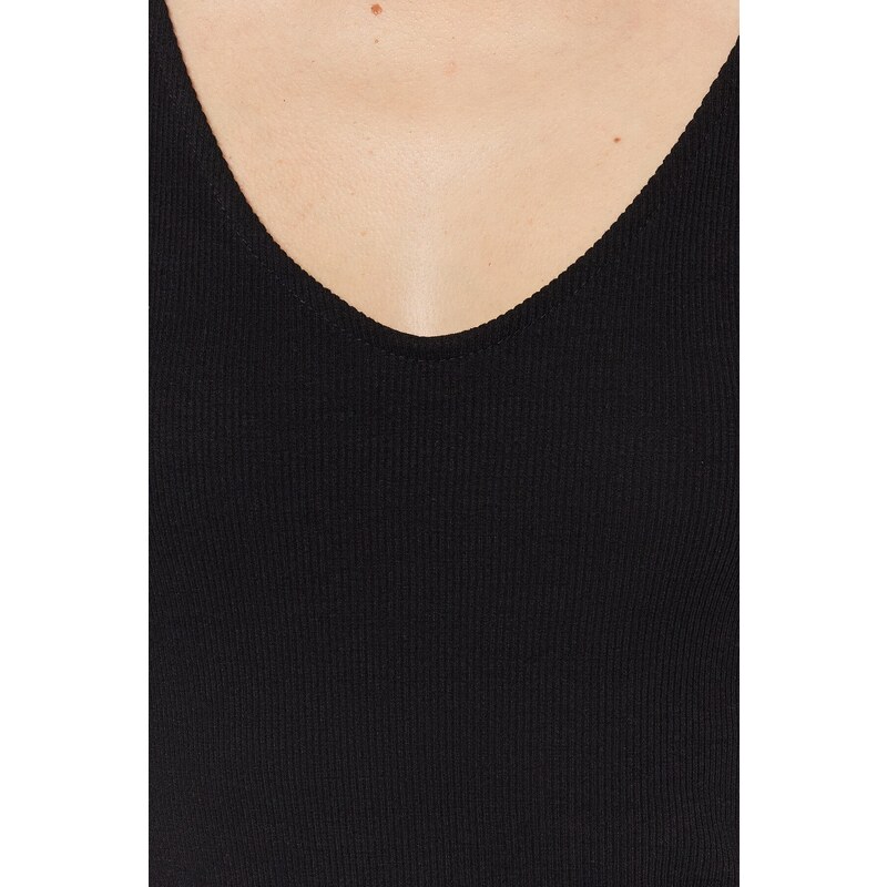 Rochie mini tricotată flexibilă Trendyol Black V-Neck cu panglici