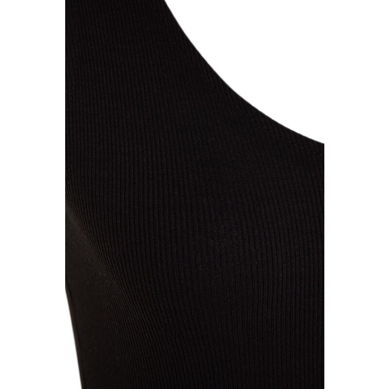 Rochie mini tricotată flexibilă Trendyol Black V-Neck cu panglici