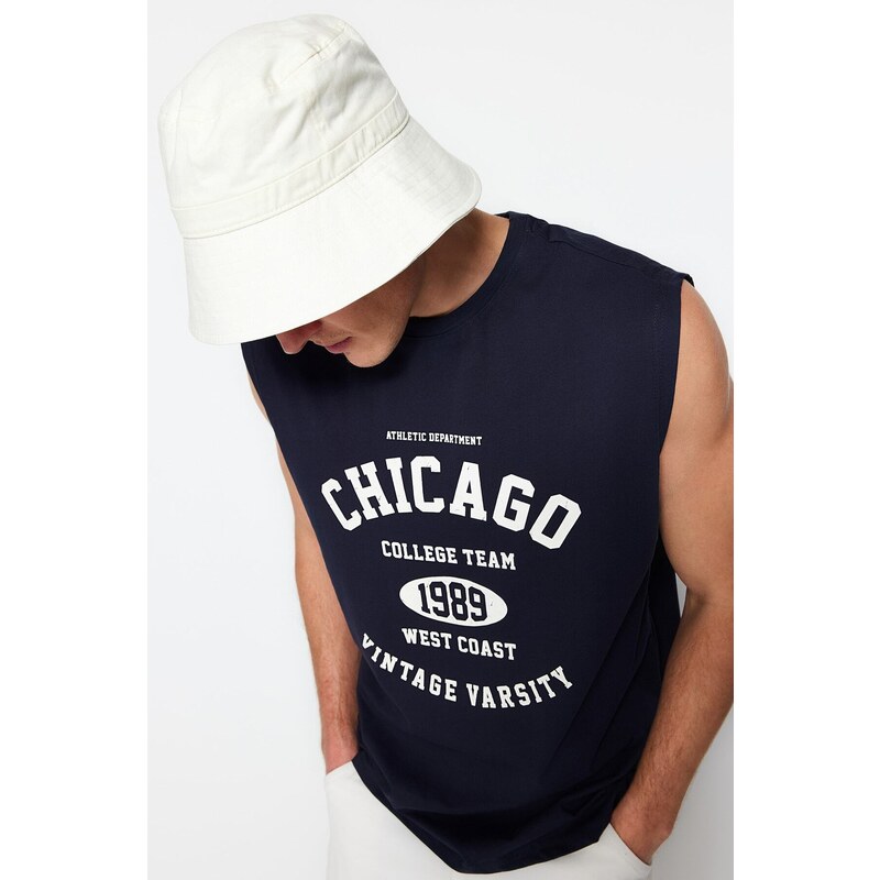 Trendyol Navy Blue Relaxed/Casual Fit City Printed 100% Cotton Sleeveless T-Shirt/Athlete