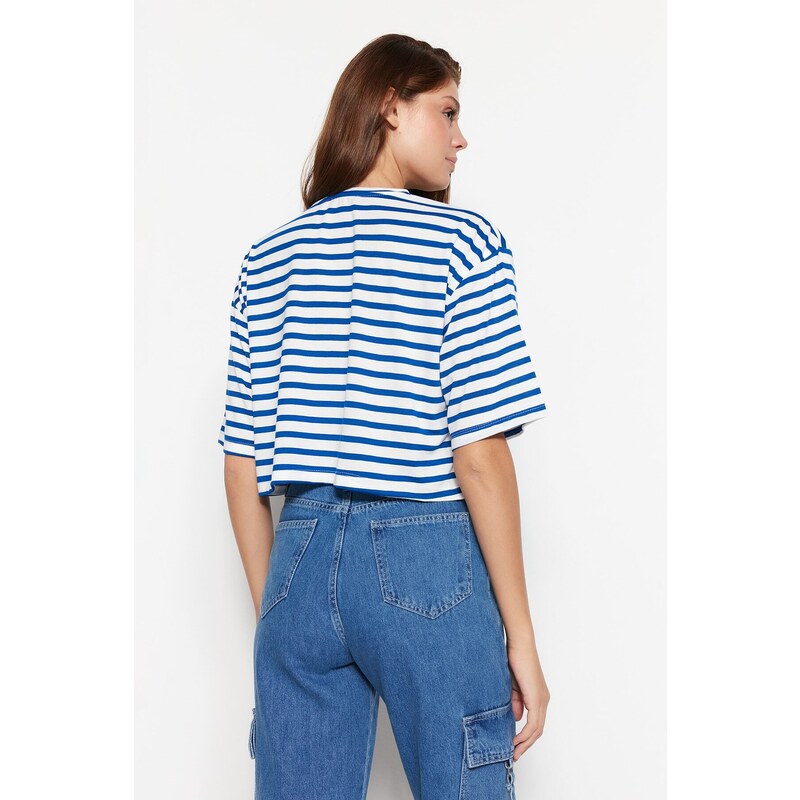 Trendyol Navy Striped Relaxed/Wide Comfortable Cut Crop Crew Neck Knitted T-Shirt