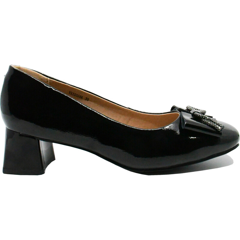 Pantofi dama Karisma negri, din piele naturala lucioasa, decorati cu fundita OTR20006A-NL