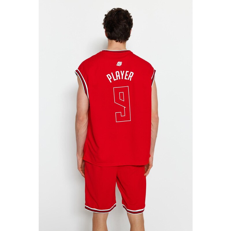 Trendyol Red Men's Oversize/Wide Cut Basketball Printed Technical Fabric T-Shirt - Singlet