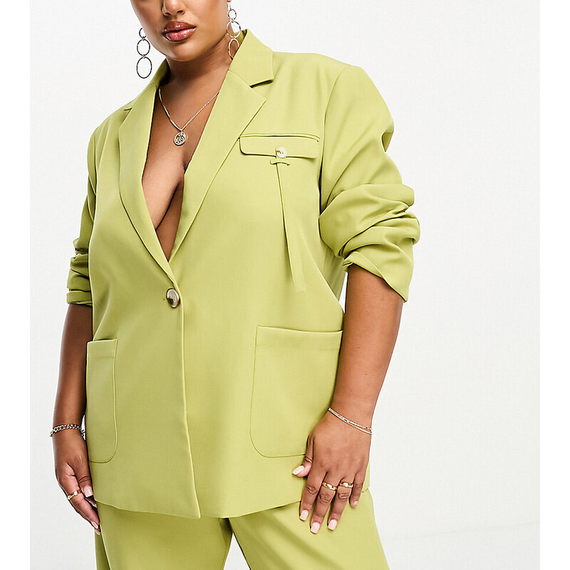 4th & Reckless Plus exclusive pocket detail blazer co-ord in green