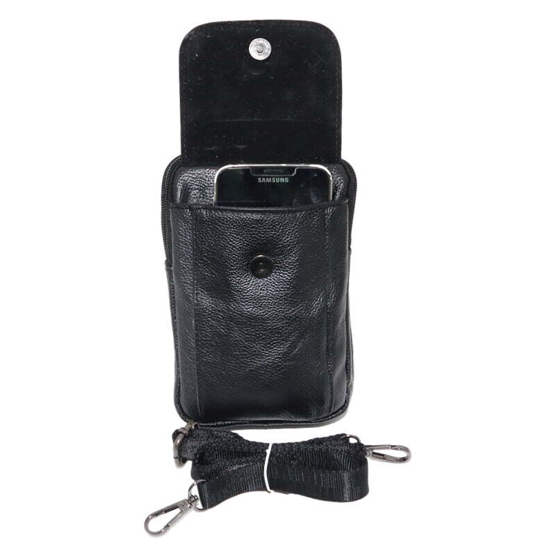 Borseta de umar si curea, suport telefon din piele naturala, negru, 11/17 cm, Magrot 20237