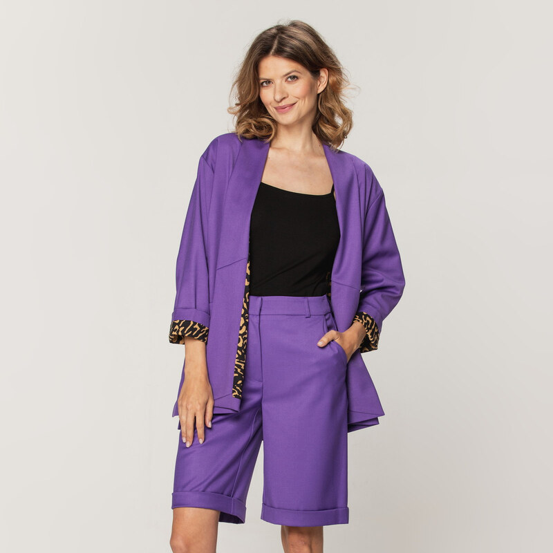 Willsoor Sacou oversize de costum pentru femei, violet cu căptușeală cu imprimeu leopard 15321