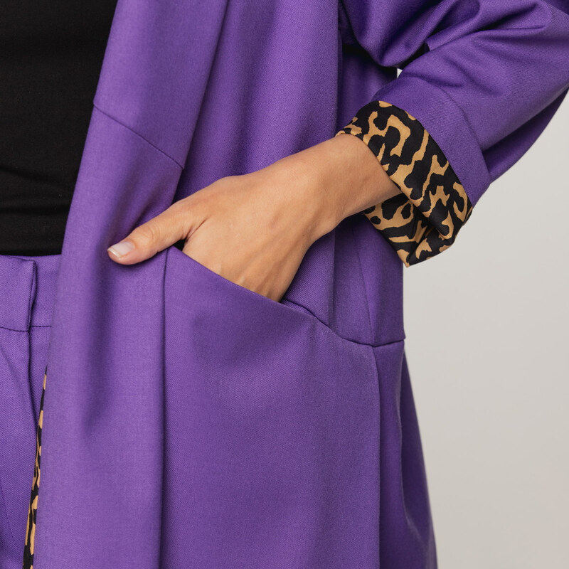 Willsoor Sacou oversize de costum pentru femei, violet cu căptușeală cu imprimeu leopard 15321