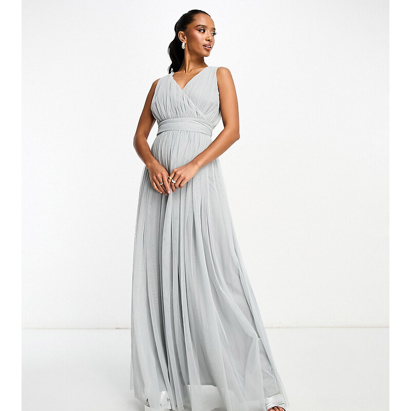 Beauut Petite Bridal maxi tulle with bow back in light grey