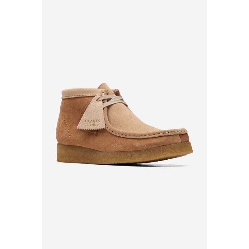 Clarks Originals pantofi de piele întoarsă Wallabee Boot femei, culoarea maro, toc pană, 26169841