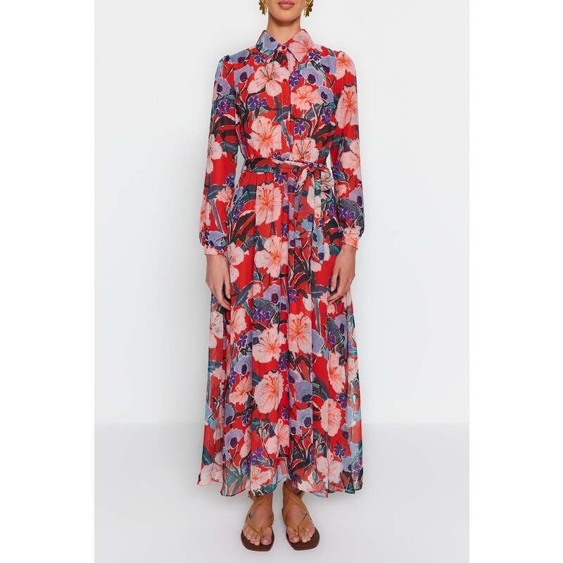 Trendyol Multicolored Floral Patterned Chiffon Woven Dress with Shirt Collar Belted and Lined
