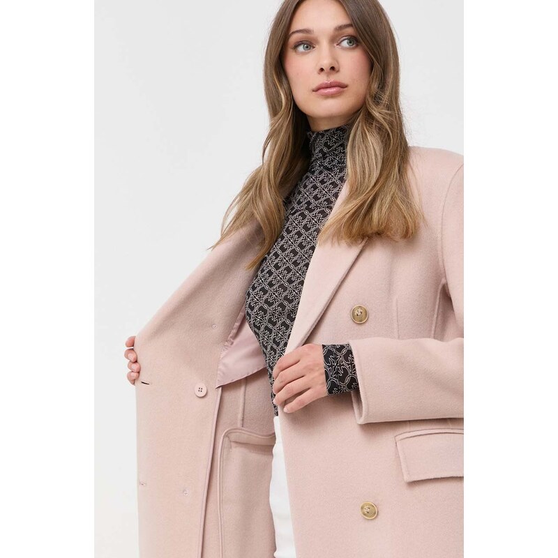 Pinko palton de lana culoarea bej, de tranzitie, cu doua randuri de nasturi