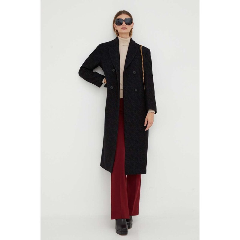 Pinko palton de lana culoarea negru, de tranzitie, cu doua randuri de nasturi