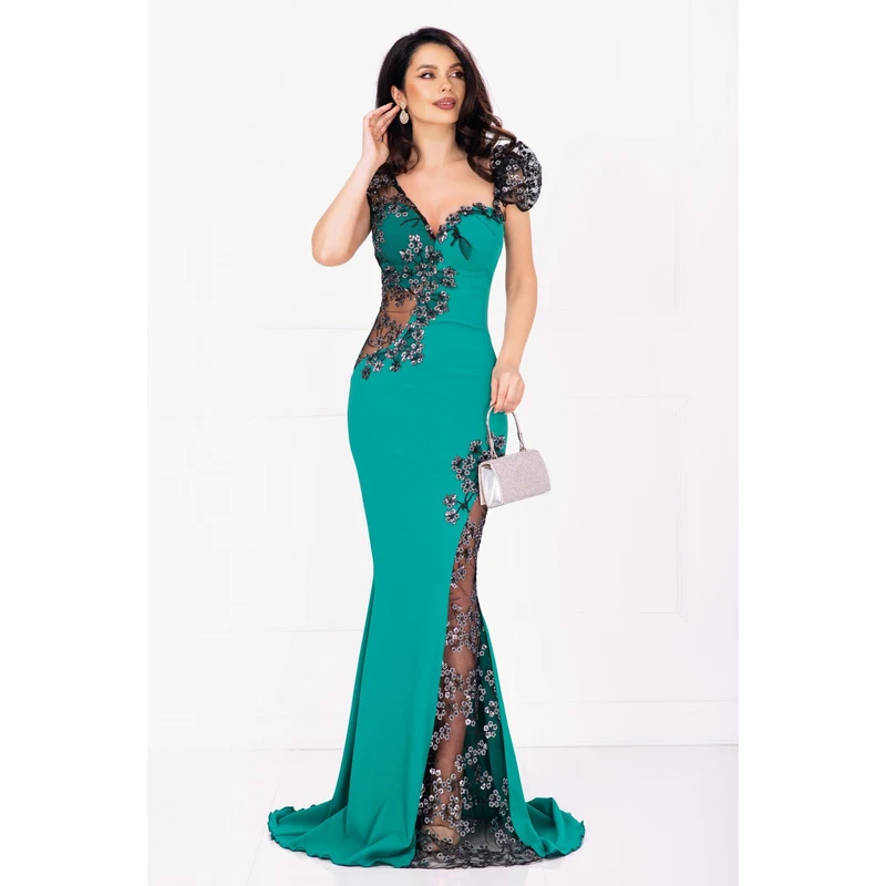 Inpuff Rochie de seara tip sirena Sherrel verde cu flori din paiete argintii ...