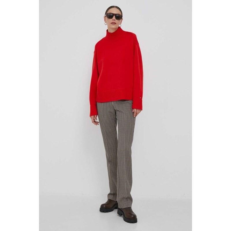 Tommy Hilfiger pulover din amestec de lână femei, culoarea roșu, cu turtleneck WW0WW39903