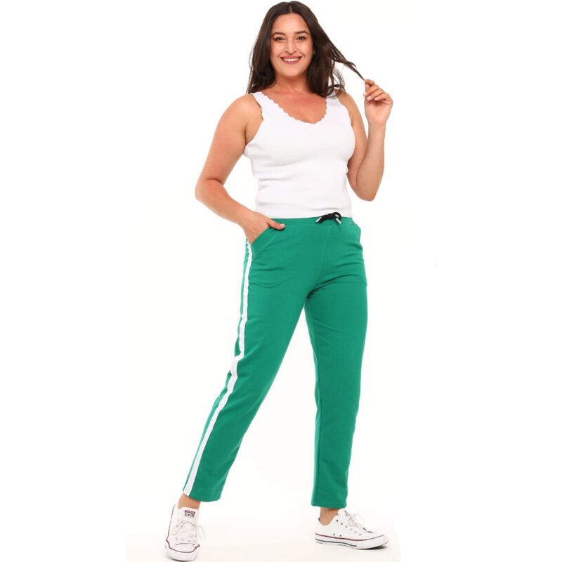 Pantaloni Chic Pantaloni de Trening Verzi cu Dunga Alba: Confort in Marimi Mari