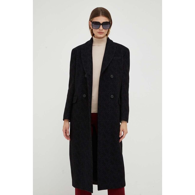 Pinko palton de lana culoarea negru, de tranzitie, cu doua randuri de nasturi