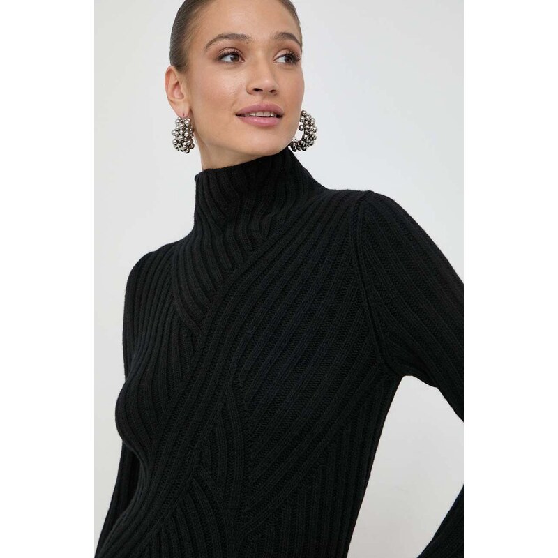 BOSS pulover de lana femei, culoarea negru, călduros, cu turtleneck