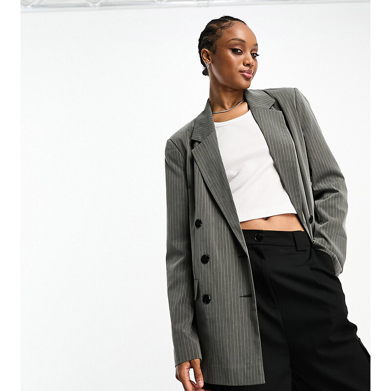 ASOS Tall ASOS DESIGN Tall double breasted blazer in grey pinstripe