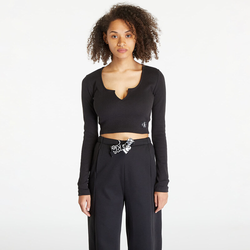 Tricou pentru femei Calvin Klein Jeans Slim Ribbed Long Sleeve Top Black