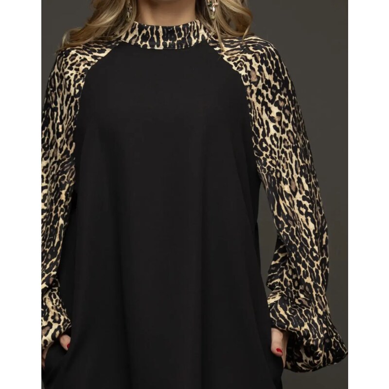 Rochie Miki neagra cu maneci leopard Ejolie