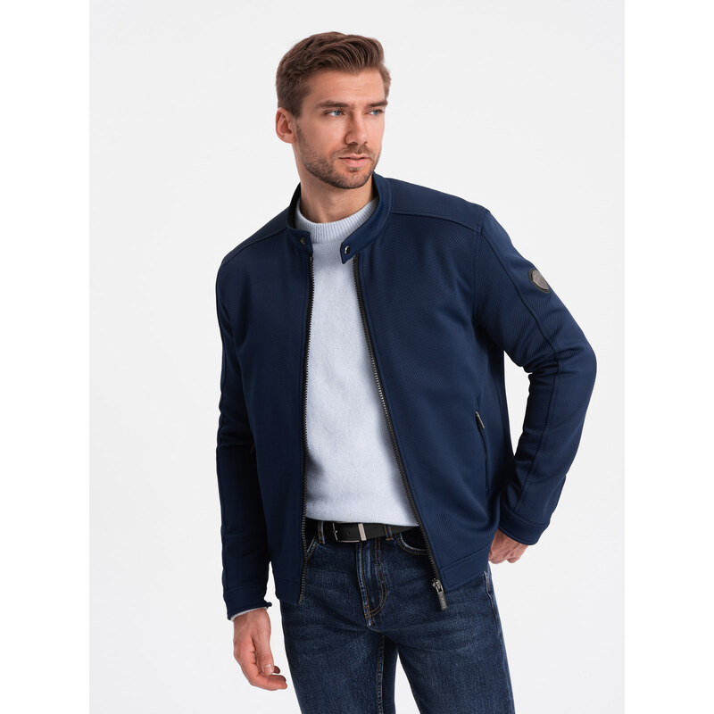 Ombre Jachetă BIKER pentru bărbați din material structurat - albastru marin V3 OM-JANP-0138