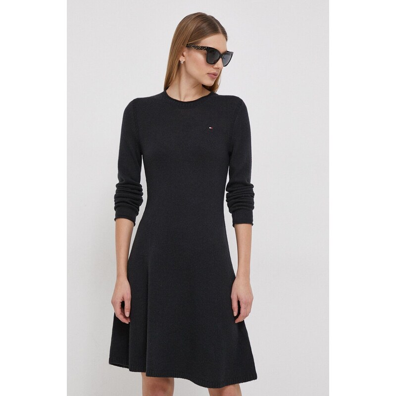 Tommy Hilfiger rochie din lana culoarea negru, mini, evazati