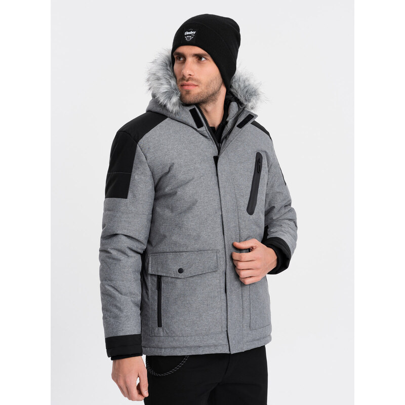 Ombre Jachetă de iarnă pentru bărbați cu glugă reglabilă cu blană detașabilă - gri și negru V1 OM-JAHP-0144