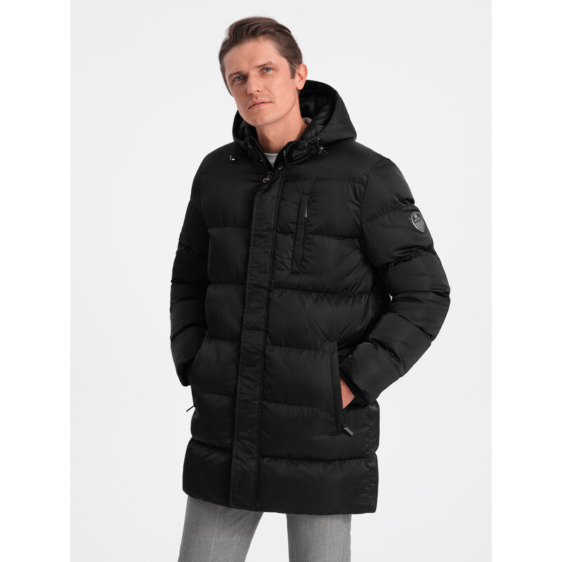 Ombre Jachetă lungă de iarnă matlasată pentru bărbați cu finisaj satinat - negru V3 OM-JALJ-0147