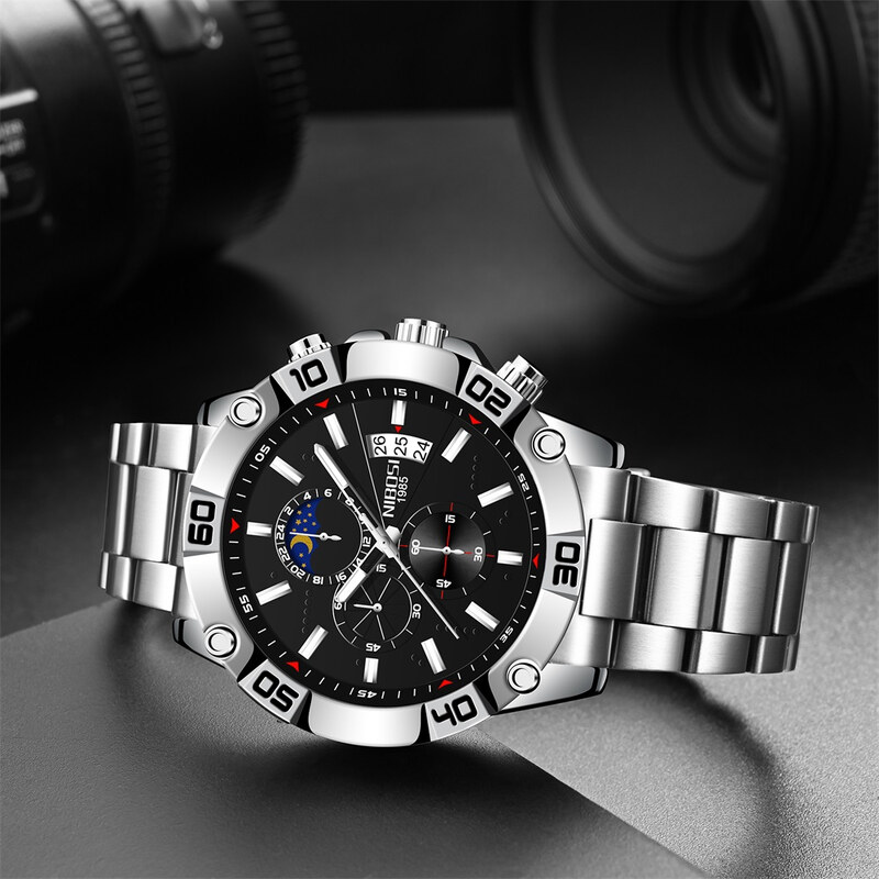 Ceas barbatesc Nibosi Cronograf Otel Analog Mecanism Quartz Indici luminosi Business