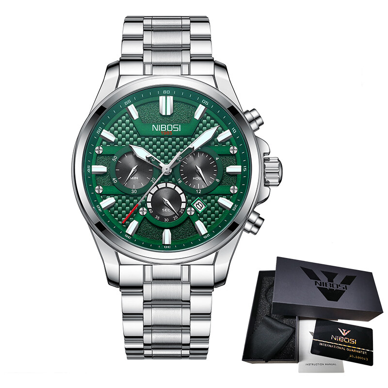 Ceas de mana barbatesc Nibosi Otel Analog Mecanism Quartz Argintiu Verde Indici luminosi