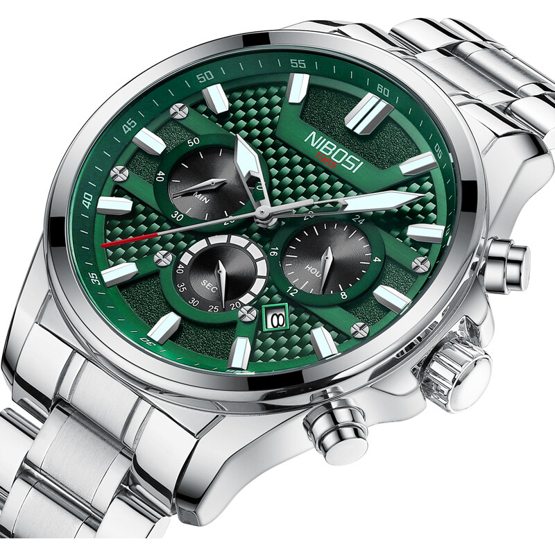 Ceas de mana barbatesc Nibosi Otel Analog Mecanism Quartz Argintiu Verde Indici luminosi