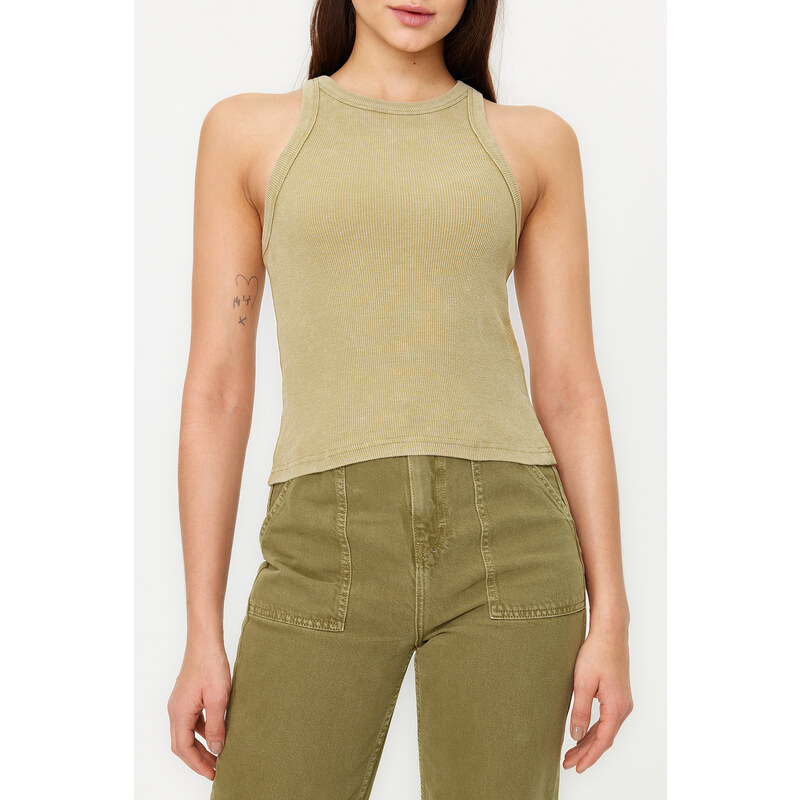 Trendyol Khaki Faded Effect Fitted Barbell Neck Ribbed Cotton Stretch Knit Undershirt