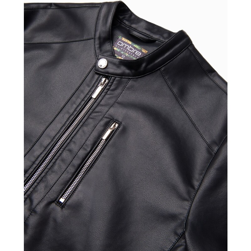 Ombre Jachetă bărbătească din piele artificială cu tiv cu nervuri - negru V2 OM-JAFL-0109