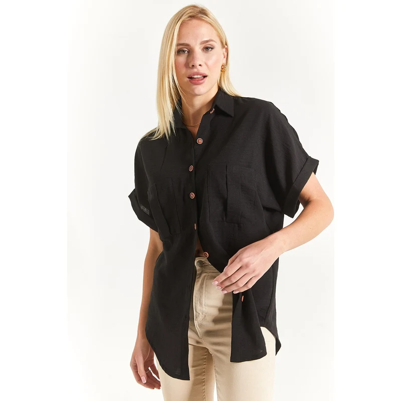 armonika Women's Black Linen Shirt with Double Pocket Detail with a — free download